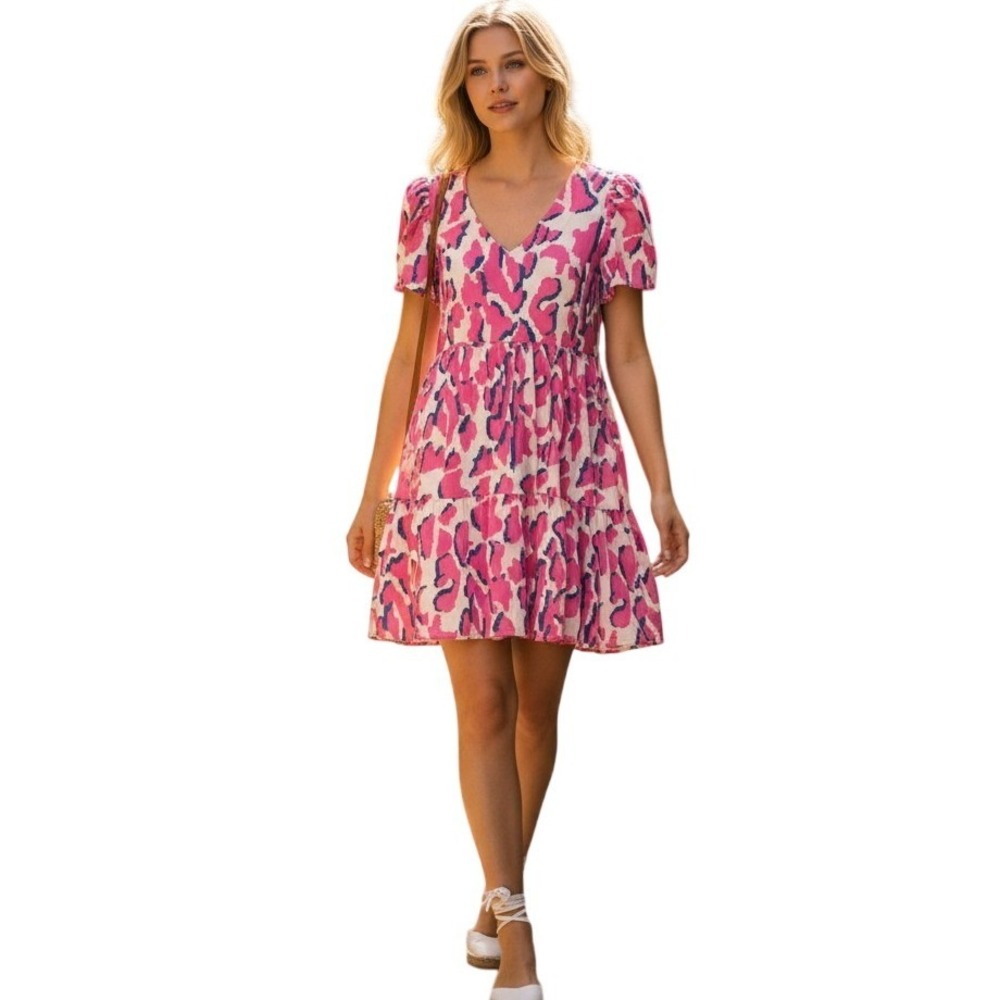 Umgee‎ Pink Abstract Leopard Print Tiered Babydoll Mini Dress V-Neck Large New